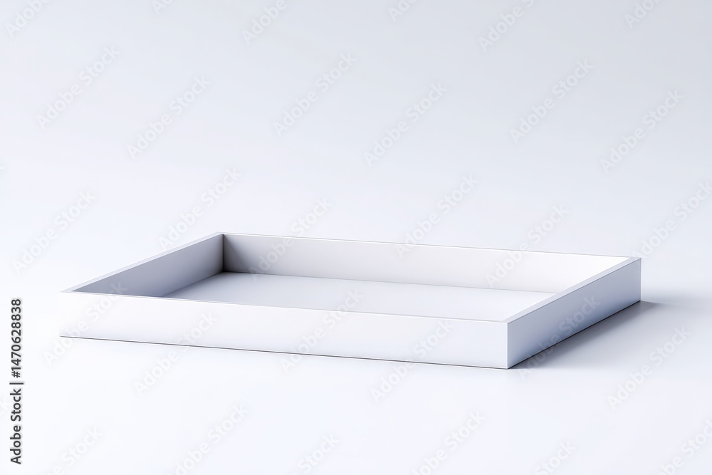 Empty white rectangular tray on a white background. Minimalist product display. Empty white rectangular tray on a white background. Minimalist product display.