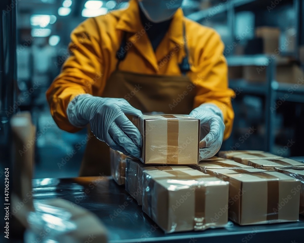 A worker verifying order details before sealing the package, Verification, Careful and organized