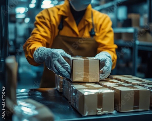 Obraz na płótnie A worker verifying order details before sealing the package, Verification, Careful and organized w salonie