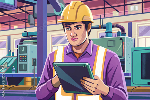 Factory technician using a digital tablet for smart manufacturing and monitoring. Concept of modern technology, automation, and efficiency in industrial operations vector