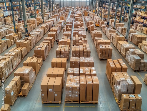 Obraz na płótnie An overhead shot of a busy receiving area with workers and pallets, Inbound Logistics, Busy and efficient w salonie