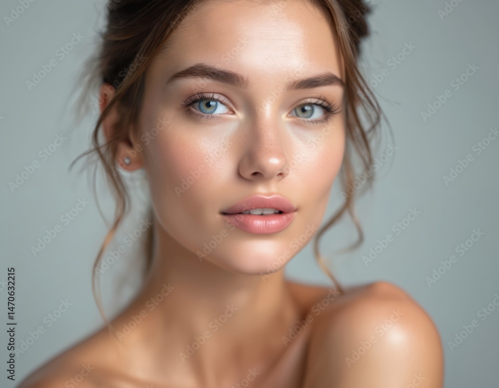 Fototapeta premium Close-up portrait of young woman with smooth skin blue eyes. Model with natural makeup. Beauty, skincare, fashion, cosmetology concept. Pretty girl with soft look in studio.
