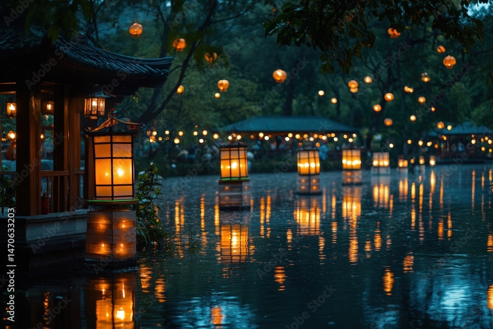 Fototapeta premium Beautiful lanterns illuminate a tranquil lakeside pavilion in the evening, creating a serene atmosphere for visitors to enjoy nature and culture