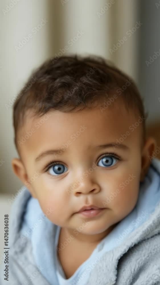 Close-up portrait of a beautiful baby with blue eyes wearing a light blue hooded jacket, looking directly at the camera in studio setting. Close-up portrait of a beautiful baby with blue eyes wearing a light blue hooded jacket, looking directly at the camera in studio setting.