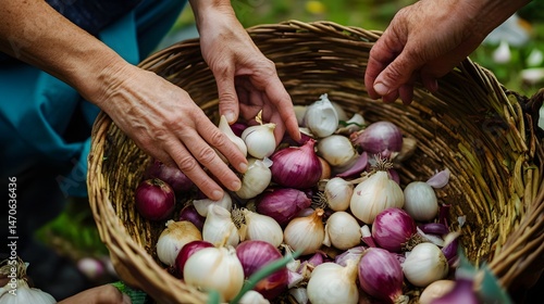 Hands sorting freshly harvested onions and garlic for a sustainable meal