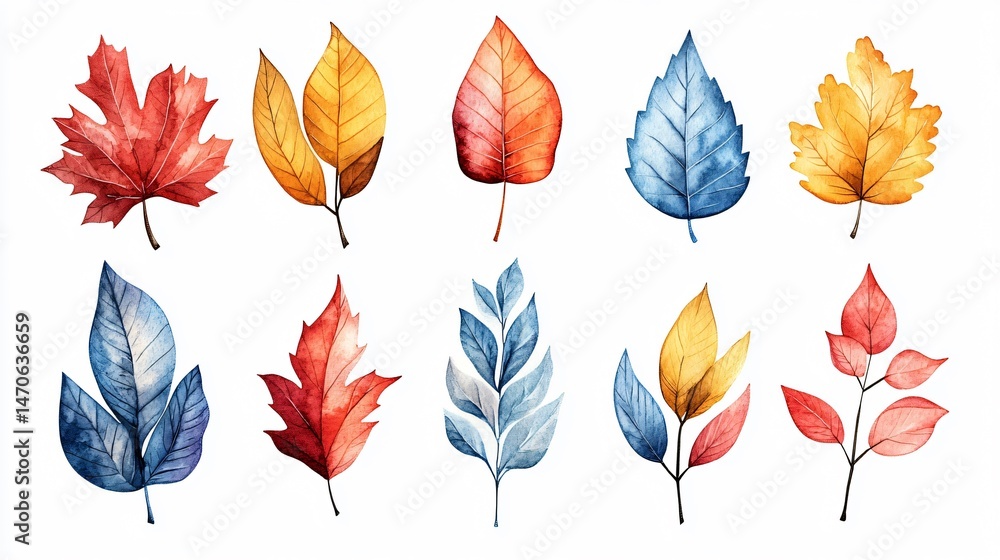 Fototapeta premium Autumn Leaves Watercolor Floral Set for Beautiful Designs
