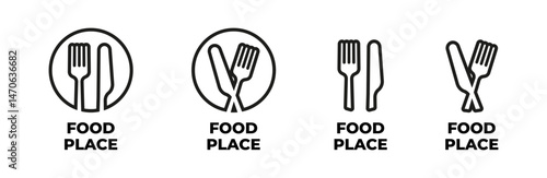 Restaurant location icon set with fork and knife in outline style. Food place symbol vector for map or interface use