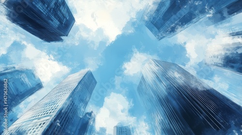 Elevated perspective of city buildings against a sky.