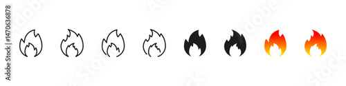 Flame icons in outline, flat, and gradient vector styles.
Fire symbols for heat, burn, and energy representation