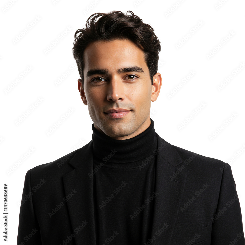 Serious Young Man in Black Turtleneck and Blazer Portrait Focused Professional Formal Look Serious Young Man in Black Turtleneck and Blazer Portrait Focused Professional Formal Look