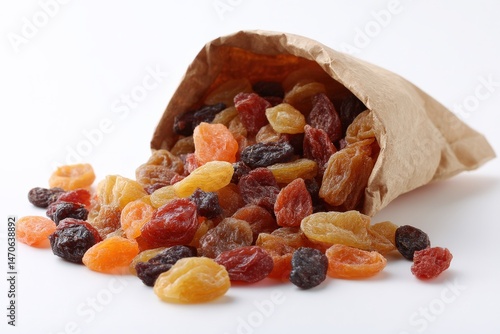 A paper bag spills its colorful contents: a mix of sweet and tangy dried fruits.