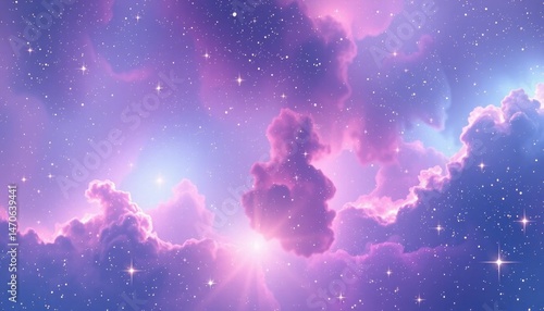 Mystical Aurora Skies: Dreamy Clouds and Starry Nightscape in Lavender and Pink Hues, creating an Ethereal Atmosphere