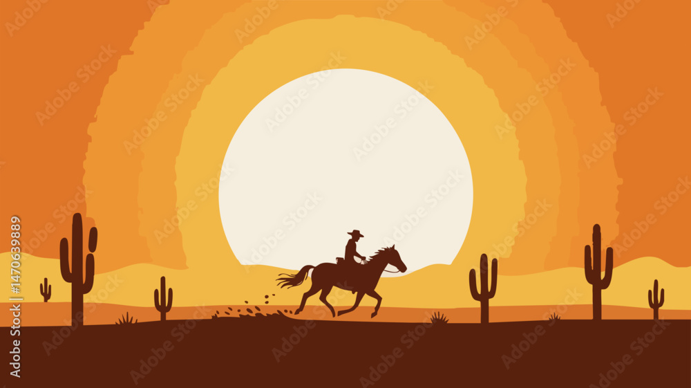 Naklejka premium Minimalist Cowboy Desert Sunset – Silhouette Horse and Rider Galloping Through Cactus Landscape with Bold Western Aesthetic