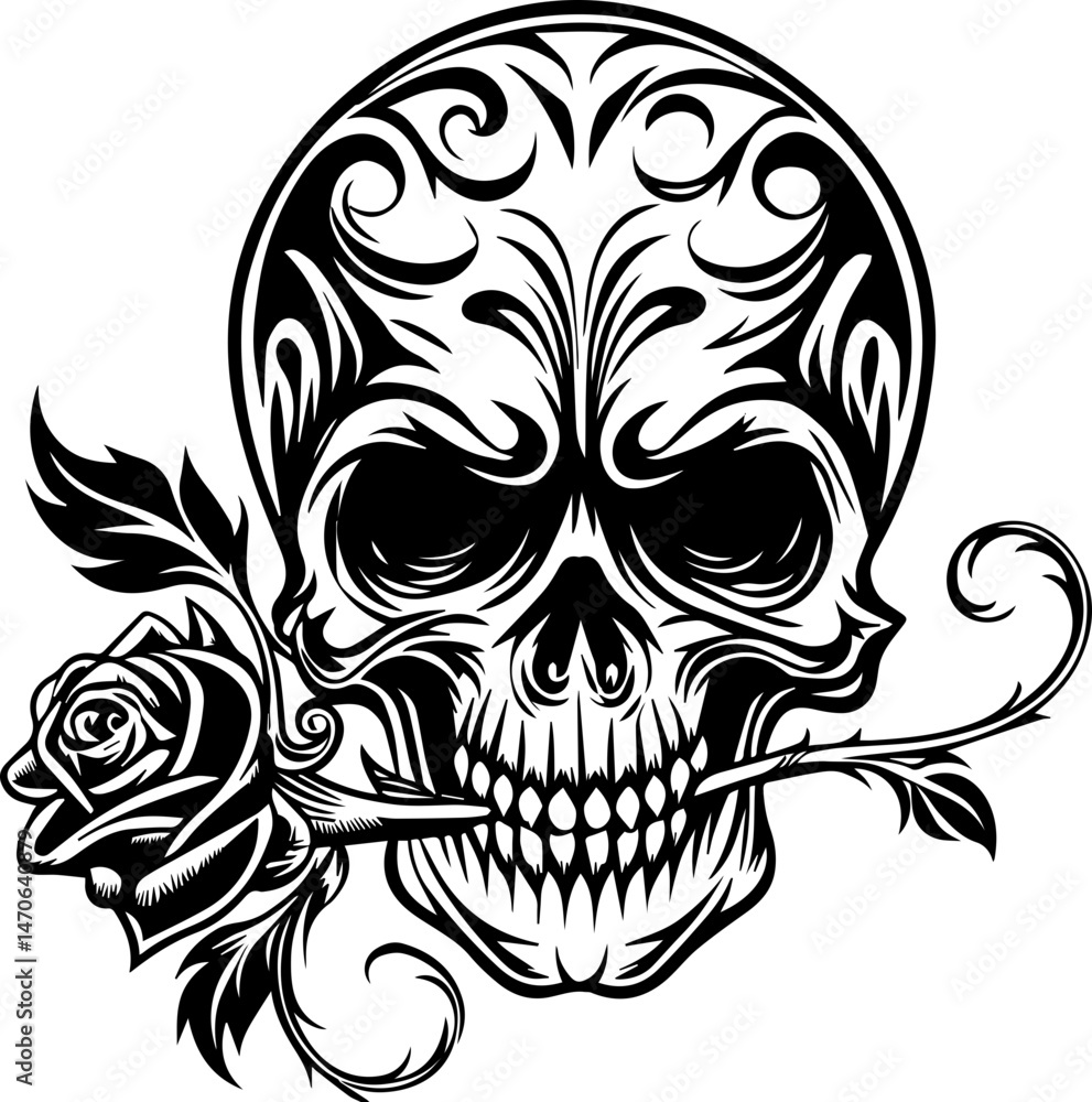 Skull tattoo design, SVG with clean lines. Skull Design with Rose and Decorative Elements in Black
Skull tattoo design, SVG with clean lines. Skull Design with Rose and Decorative Elements in Black