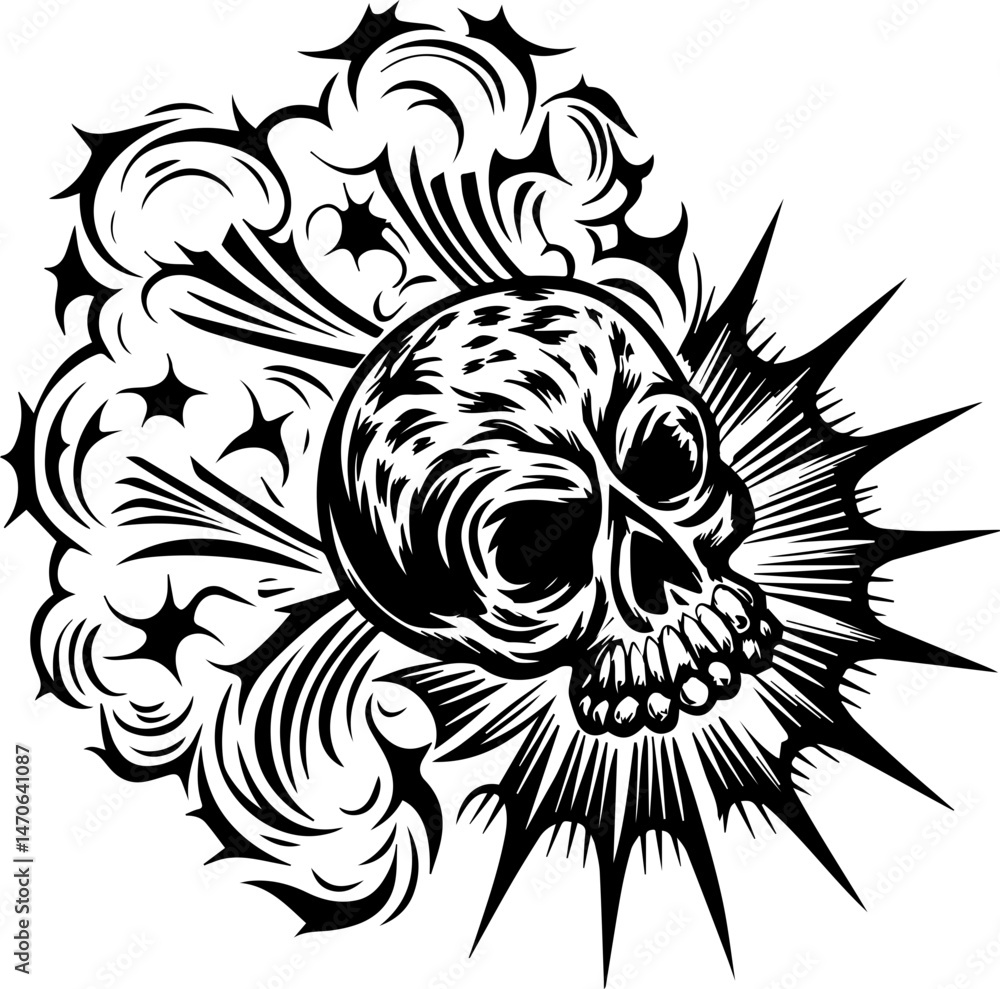 Skull tattoo design, SVG with clean lines. Intricate Skull Design with Explosive Burst Effect
Skull tattoo design, SVG with clean lines. Intricate Skull Design with Explosive Burst Effect