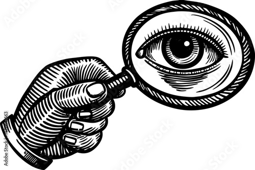 hand holding magnifying glass, reflecting a detailed human eye, symbolizing observation and scrutiny sketch linocut vector
