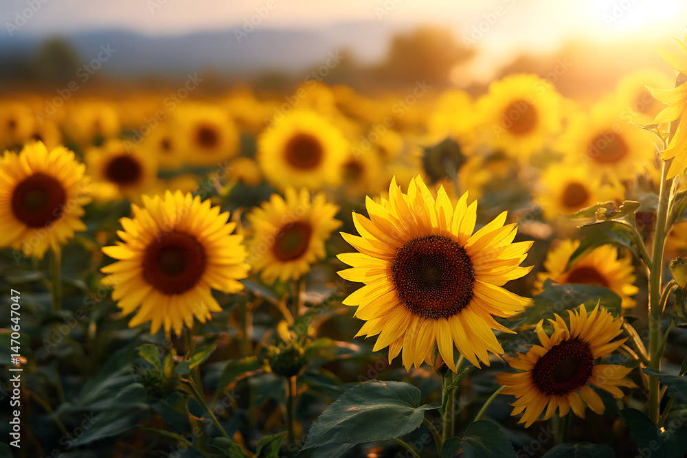 A vibrant field of sunflowers basking in golden sunlight at sunset. A vibrant field of sunflowers basking in golden sunlight at sunset.