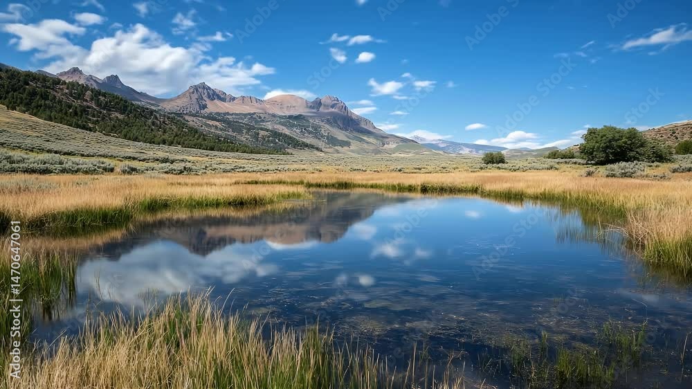 Scenic Mountain Reflection on Pond Waterscape Under Blue Sky With Vegetation Around in Sunlight Scenic Mountain Reflection on Pond Waterscape Under Blue Sky With Vegetation Around in Sunlight