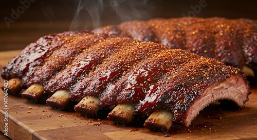 Barbecue spareribs St Louis cut with hot rub and BBQ sauce served as close-up on a wooden cutting board