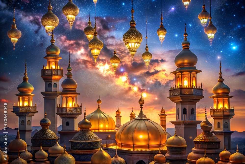 Obraz premium Elegant Night Sky Glowing Above Golden Domes