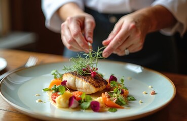 Close-up chef plating dish in restaurant. Focus on detailed plating. Fish with garnish on plate. Gastronomy, culinary art, dining, food, meal preparation. Fine dining experience.