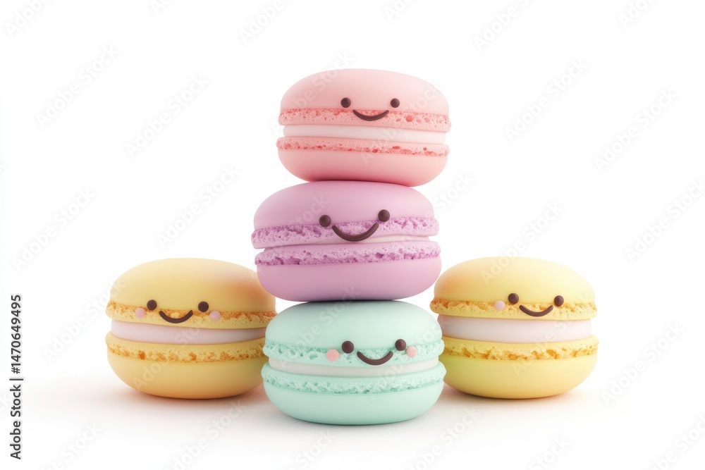 A stack of cute pastel-colored macarons with smiling faces, arranged in a playful and appealing composition on white background. A stack of cute pastel-colored macarons with smiling faces, arranged in a playful and appealing composition on white background.