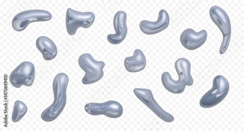 Realistic metal, chrome holographic liquid shapes. Vector illustration. Set of silver colored stains in Y2K style isolated on transparent backdrop