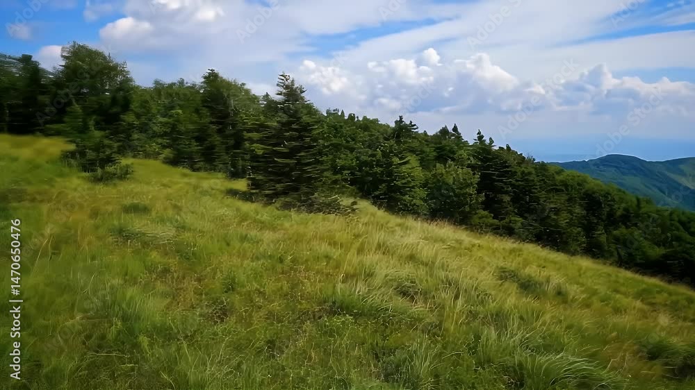Verdant Mountain Range Green Grass and Tree Density Beneath Cloudy Blue Sky in Sunlight Verdant Mountain Range Green Grass and Tree Density Beneath Cloudy Blue Sky in Sunlight