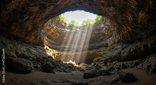 Cave with sunlight and person - Photo