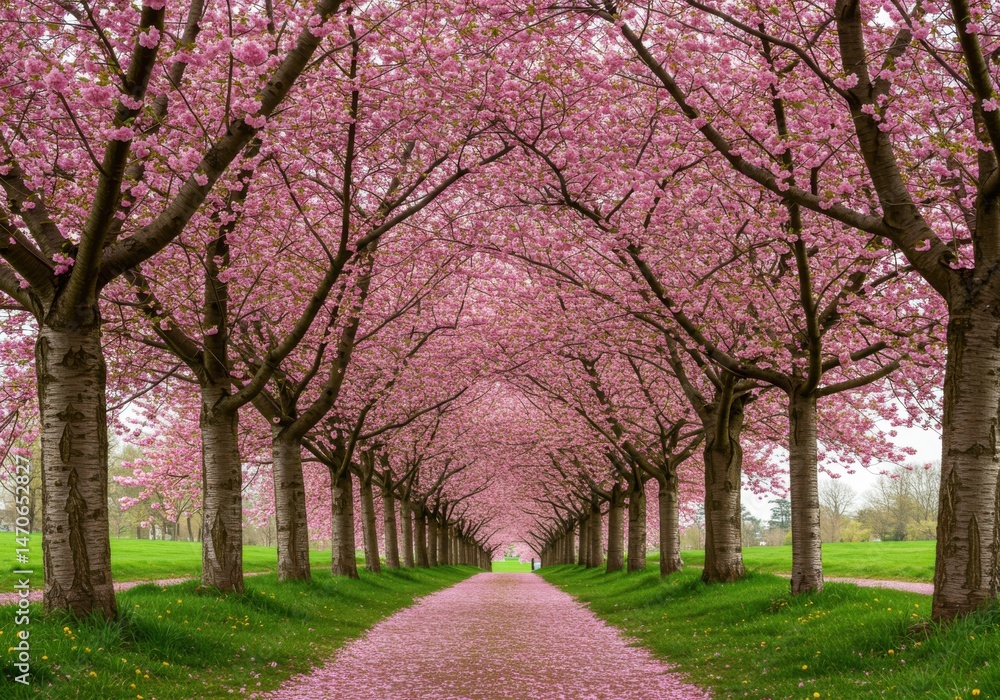 Pink blossom trees avenue scenery Pink blossom trees avenue scenery