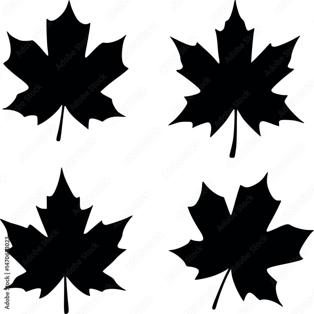 Four Black Silhouettes of Maple Leaves Isolated on a White Background Four Black Silhouettes of Maple Leaves Isolated on a White Background
