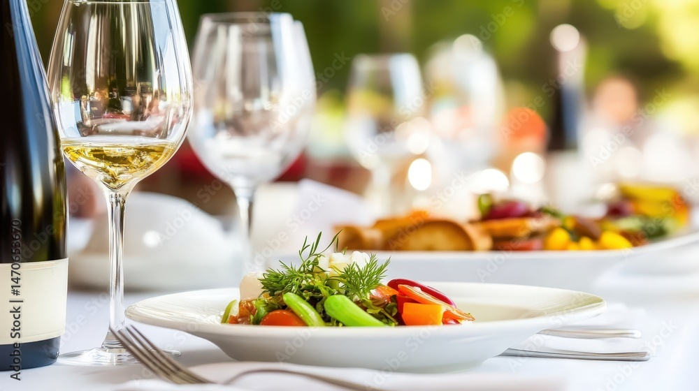 Elegant dining scene featuring a vibrant salad dish with wine glasses in a serene outdoor setting Elegant dining scene featuring a vibrant salad dish with wine glasses in a serene outdoor setting