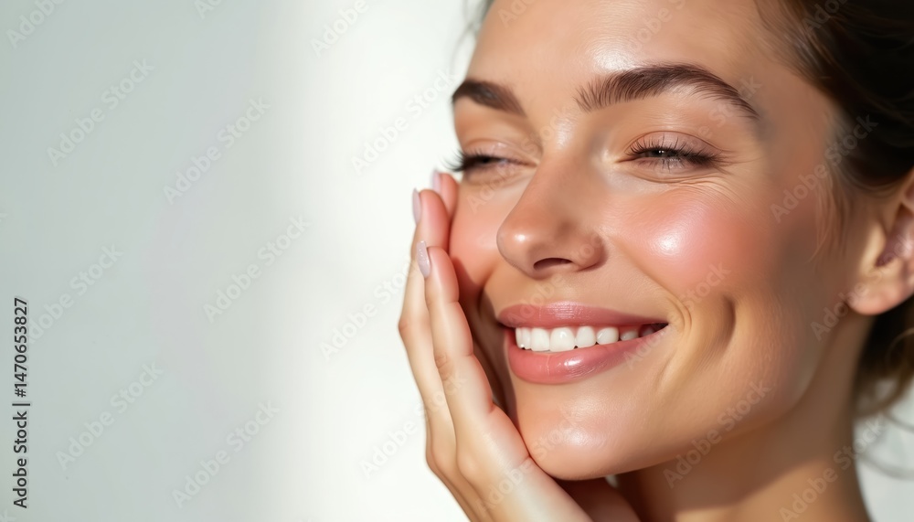 Smiling woman with smooth, hydrated skin gently touches cheek. Portrait against soft, white background. Perfect makeup, healthy look. Skincare concept, beauty treatments. Smiling woman with smooth, hydrated skin gently touches cheek. Portrait against soft, white background. Perfect makeup, healthy look. Skincare concept, beauty treatments.