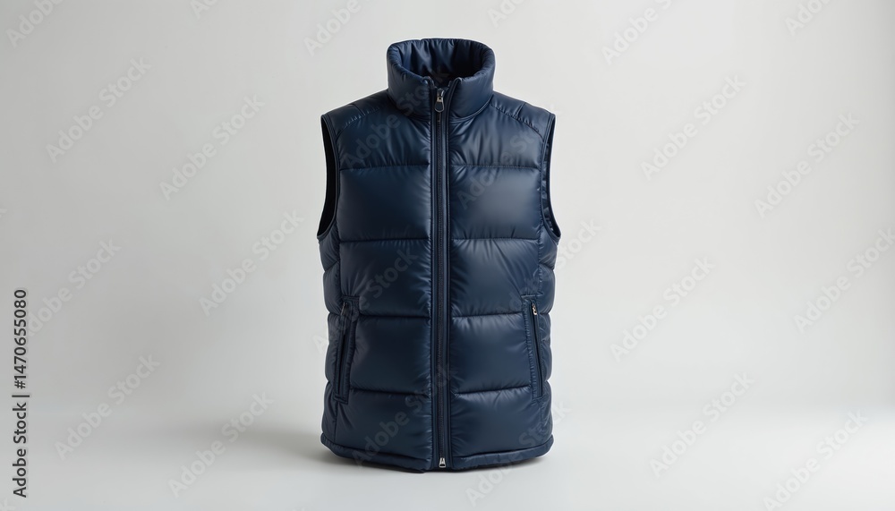 Naklejka premium Navy blue quilted puffer vest with front zipper, isolated on plain white background. Padded warm gilet with pockets, casual outerwear. Winter fashion apparel. Product shot.
