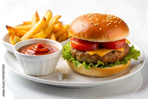 Delicious Hamburger served with french fry and red  sauce in a small bowl on white plate white background