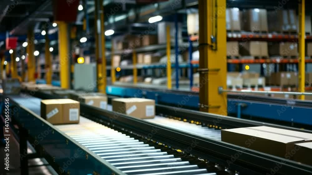 Inside a bustling warehouse, cardboard boxes travel along a conveyor belt, ready for delivery. The automated system showcases modern logistics at work in a well-lit industrial setting. Inside a bustling warehouse, cardboard boxes travel along a conveyor belt, ready for delivery. The automated system showcases modern logistics at work in a well-lit industrial setting.