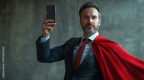 Businessman in a superhero cape holding a cellphone.