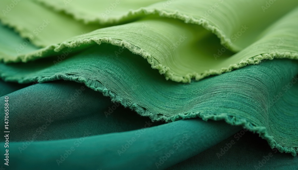 Obraz premium Abstract green textile texture. Illustration shows recycled fabrics creating layered design. Sustainable fashion, eco-friendly materials, organic cloth concept. Environmental protection.