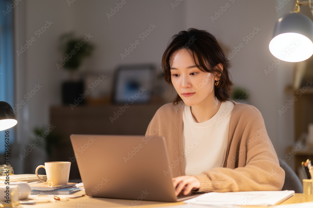 Asian woman working alone in a serene home office, comfortably managing spreadsheets and organizing documents on her laptop. Surrounded by soft lighting, neutral tones, and a minimalistic Asian woman working alone in a serene home office, comfortably managing spreadsheets and organizing documents on her laptop. Surrounded by soft lighting, neutral tones, and a minimalistic
