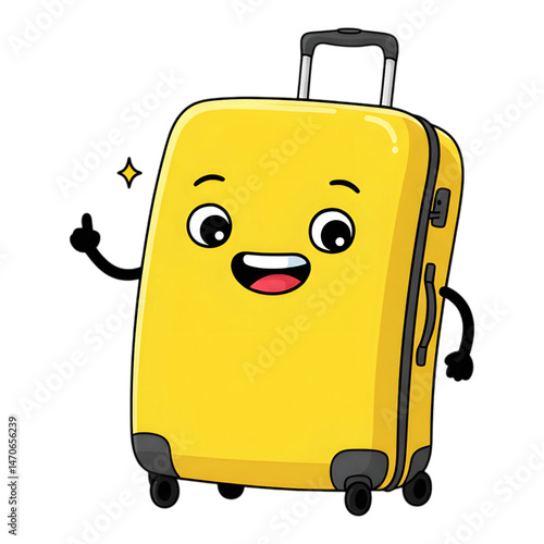 Bright yellow cartoon suitcase waving and smiling cheerfully.