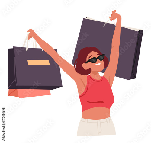 Happy adult woman shopaholic cartoon character carrying bags enjoying excellent shopping tourism