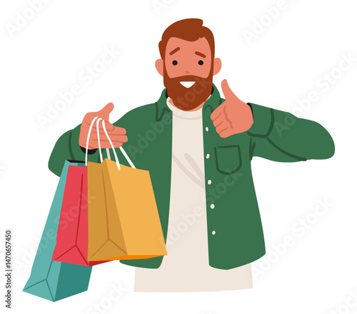 Happy satisfied guy cartoon character showing shopping bags gesturing thumbsup due to great sale