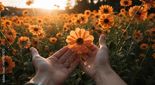 Flower field with hands holding blossom, photo