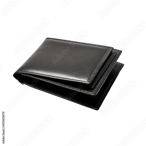 A neat black leather wallet displayed on a surface. The wallet exudes a classic, simple, and sophisticated feel