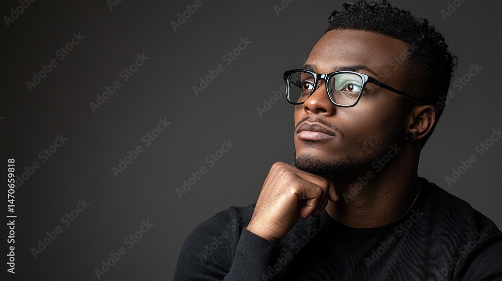 Obraz premium Thoughtful young man in contemplation against a dark background.