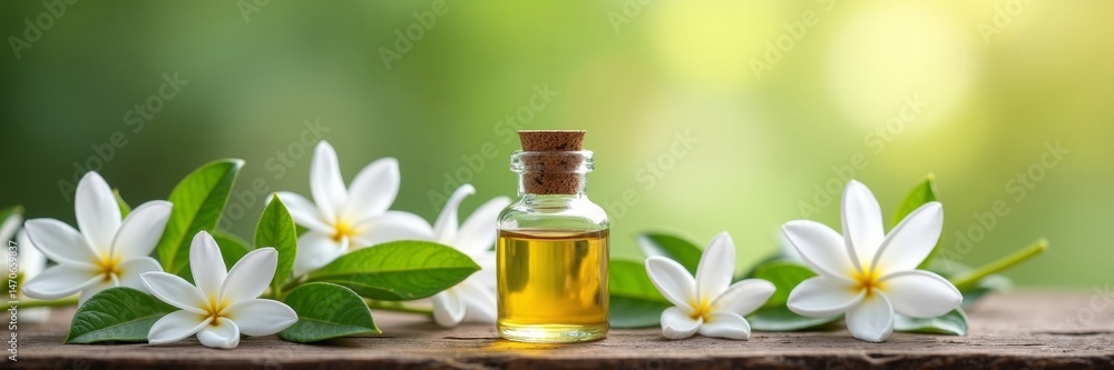 Serene composition of a clear glass bottle filled with goldenyellow essential oil surrounded by fresh jasmine flowers on a rustic wooden surface Serene composition of a clear glass bottle filled with goldenyellow essential oil surrounded by fresh jasmine flowers on a rustic wooden surface