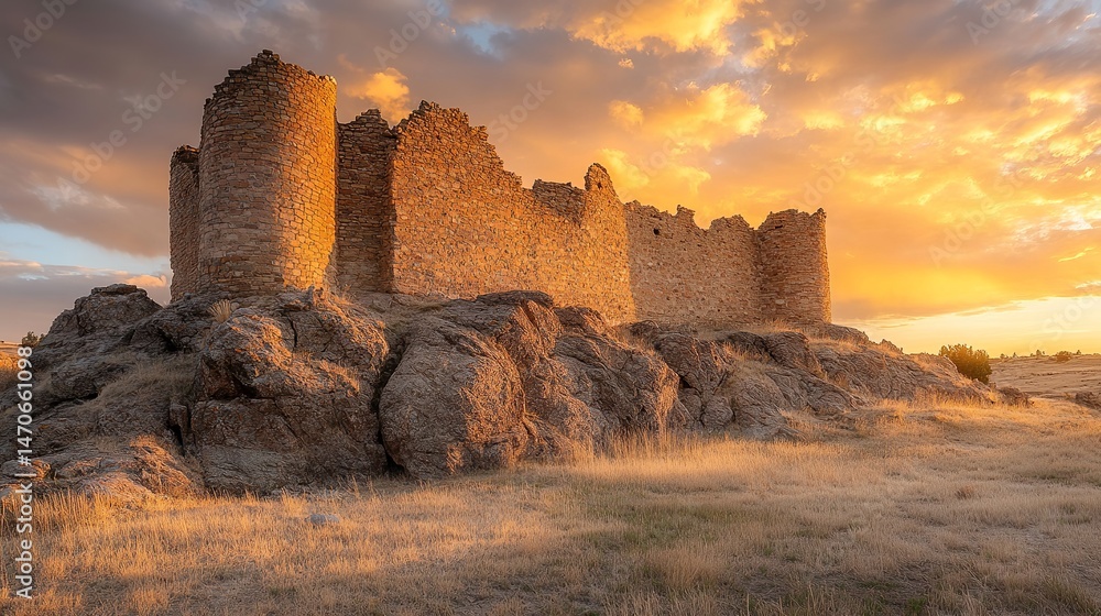 Fototapeta premium Ancient stone ruins at sunset golden hour dramatic landscape sky red wall view calm wild rocks brown
