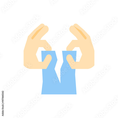 Hands tearing a blue paper in half creating a jagged white line in the middle of the paper graphic art