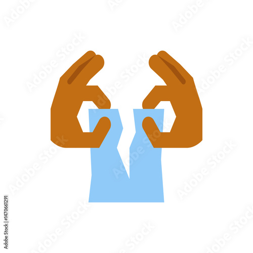 Two hands tearing a light blue piece of paper with a white background in a minimalist style illustration