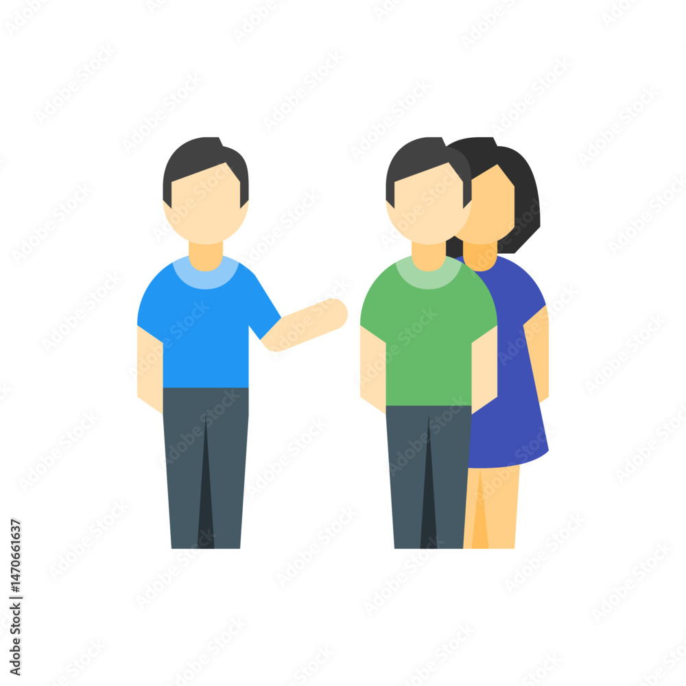 Illustration of three stylized figures standing together with one figure gesturing outward to the left Illustration of three stylized figures standing together with one figure gesturing outward to the left
